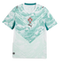 Short-sleeved white and teal Portugal soccer jersey featuring a wavy pattern, a red team crest on the center chest, and maroon Puma logos.