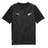 A black Puma t-shirt with a tonal fern pattern, featuring white Puma cat logos on the chest and shoulders, and a white silver fern emblem on the left chest.