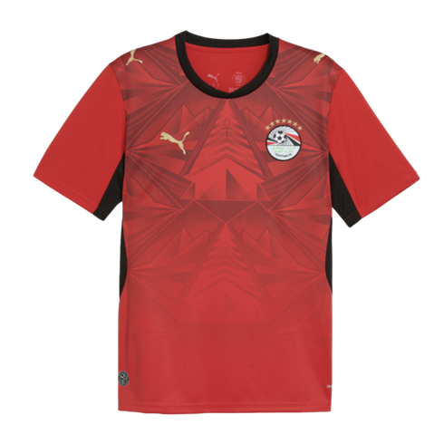 Red Puma Egypt football jersey with a geometric pyramid pattern, black trim, and the national team crest with seven stars.