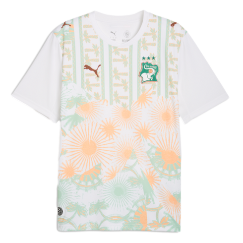 White Puma Côte d’Ivoire soccer jersey featuring a green and orange tropical pattern with palm trees, sunbursts, and the national team crest.