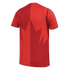The back of a red Canada national team sports jersey with a vertical two-tone design and a large, stylized maple leaf graphic in the center, set against a black background.