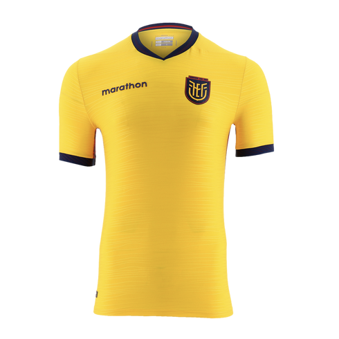 A bright yellow Ecuador national football team jersey with navy blue and red accents on the collar and cuffs, displaying the team crest and Marathon logo against a black background.