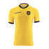 A bright yellow Ecuador national football team jersey with navy blue and red accents on the collar and cuffs, displaying the team crest and Marathon logo against a black background.
