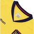 A close-up view of the collar and upper chest of a yellow textured athletic jersey with a navy and red V-neck, featuring "marathon" branding and sizing labels inside the neck.