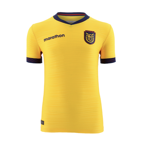 A front-facing photograph of the bright yellow Ecuador national football team home jersey against a black background. The jersey features a navy blue V-neck collar with a thin red stripe and navy blue sleeve cuffs with a red patterned trim. The "marathon"
