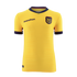 A front-facing photograph of the bright yellow Ecuador national football team home jersey against a black background. The jersey features a navy blue V-neck collar with a thin red stripe and navy blue sleeve cuffs with a red patterned trim. The "marathon"