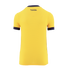 The back view of a yellow short-sleeved sports jersey against a black background. It features a navy blue collar and sleeve cuffs with a reddish-pink pattern. The Spanish phrase "SUEÑA, TRASCENDER Y HACER HISTORIA" is printed in dark blue on the upper bac