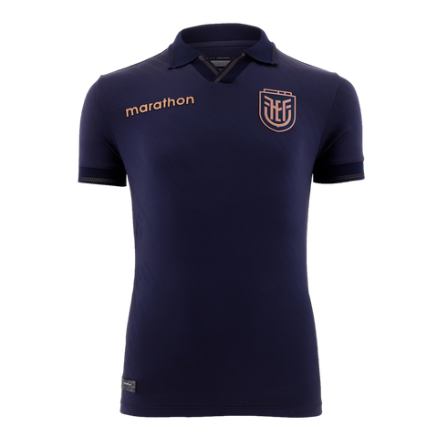 A navy blue short-sleeved polo-style sports jersey with gold-toned accents, featuring the "marathon" brand name on the right chest and a "FEF" crest on the left. The shirt has a collar with textured detailing along the neckline and matching textured sleev