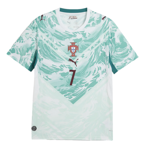 A Portugal national soccer jersey featuring a white and light teal color scheme with a wavy, swirling pattern. The jersey has a large 'V' shape design on the front, with the Portugal national team crest centered at the top of the 'V', followed by a dark m