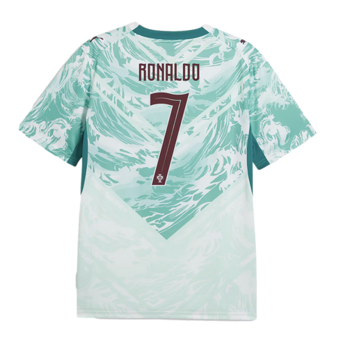 An image showing the back of a teal and white soccer jersey with a swirling, wave-like pattern. The name "RONALDO" and the number "7" are printed in a maroon-colored font in the center.