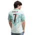Back view of a man wearing a mint green and white patterned Portugal soccer jersey with "RONALDO" and the number "7" in maroon on the back.