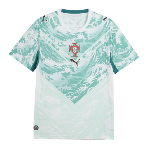 A white and teal Puma soccer jersey for the Portugal national team, featuring a stylized wave-like chevron pattern. The red and blue FPF crest is centered on the chest above a maroon Puma logo.