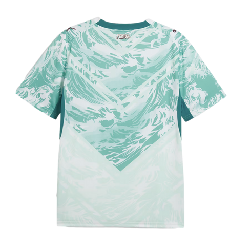 The back of a mint green and white Portugal national team soccer jersey featuring a stylized, swirling wave pattern. The pattern forms a large V-shape or chevron on the back. The word "PORTUGAL" is printed in a blocky font at the nape of the neck, and sma