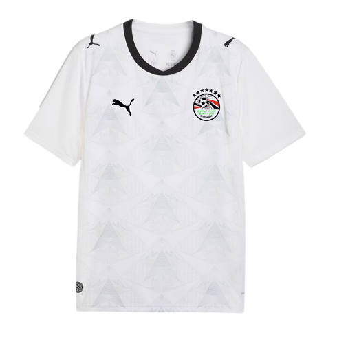 A white Puma Egypt national football team jersey with a subtle light gray geometric pyramid pattern across the front. It features a black crew neck collar, a black Puma logo on the right chest, and the Egyptian Football Association crest with seven stars