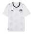 A white Puma Egypt national football team jersey with a subtle light gray geometric pyramid pattern across the front. It features a black crew neck collar, a black Puma logo on the right chest, and the Egyptian Football Association crest with seven stars