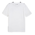 A white short-sleeved t-shirt shown from the back against a black background, featuring small black Puma logos on the shoulders and a small black Arabic word below the neckline.