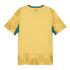 A yellow short-sleeved soccer jersey shown from the back, featuring green side panels, a red and green collar, and a small flag of Ghana on the back of the neck. Tonal geometric patterns are printed on the sleeves and the bottom hem.