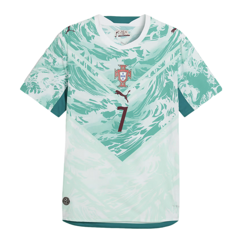 A Portugal national team soccer jersey by Puma, featuring a teal and white wave pattern. The jersey has a white round collar, solid teal side panels, and the team crest, a maroon Puma logo, and the number 7 centrally aligned on the chest.