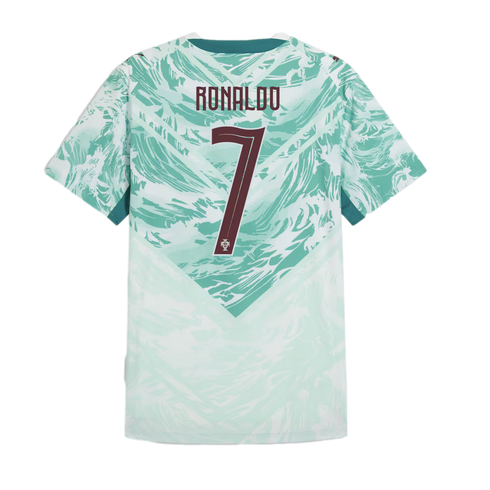 The back of a mint green Portugal national team soccer jersey featuring a maroon name "RONALDO" and number "7". The shirt has a dynamic, wavy teal pattern on the upper half that transitions into a lighter, faded pattern at the bottom along a V-shaped line