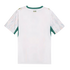 The back of a white short-sleeved jersey featuring a green crew neckline and underarm panels. The sleeves are covered in a colorful, geometric pattern, and a small logo on the upper back reads “LES LIONS DU SÉNÉGAL.”