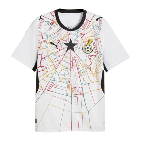 A white Ghana national football team jersey with a black round collar and black side panels. The front features an intricate, colorful geometric pattern resembling a spiderweb in red, yellow, and green. A large black five-pointed star is centered on the c