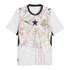 A white Ghana national football team jersey with a black round collar and black side panels. The front features an intricate, colorful geometric pattern resembling a spiderweb in red, yellow, and green. A large black five-pointed star is centered on the c