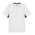 Rear view of a white short-sleeved sports jersey on a black background. It features a black crew neck, a small flag of Ghana centered below the back collar, black panels under the sleeves, and subtle colorful patterns on the shoulders.