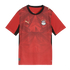 A red Puma football jersey for the Egypt national team against a black background. The shirt features a geometric tone-on-tone pattern inspired by pyramids and an ankh symbol. It has a black crew-neck collar and black trim, with gold Puma logos on the che