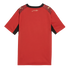 A back view of a red short-sleeved Puma jersey with black trim around the collar and underarms. It features gold Puma logos on the shoulders and gold Arabic calligraphy on the upper back against a black background.