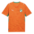 An orange Puma soccer jersey for the Côte d'Ivoire national team. It features an all-over tonal leopard print pattern, a green collar, and green side panels. The team's elephant crest with three stars is on the left chest, and white Puma logos are on the
