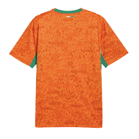 A back view of a bright orange short-sleeved jersey with an allover tonal orange animal print pattern. It features green trim on the crew neck and sleeve cuffs, and a small white and green rectangular detail at the center back neckline.