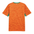 A back view of a bright orange short-sleeved jersey with an allover tonal orange animal print pattern. It features green trim on the crew neck and sleeve cuffs, and a small white and green rectangular detail at the center back neckline.