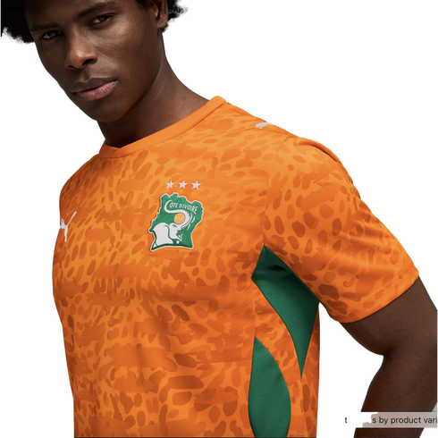 A close-up of a man wearing an orange Côte d'Ivoire national football team jersey against a black background. The jersey features a tonal animal-print pattern, green mesh panels on the sides, and the team's crest on the chest, which includes a white eleph