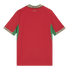 A back view of a red short-sleeved Morocco national team jersey. It features green panels under the arms and a green, white, and red geometric pattern on the collar and sleeve cuffs. Gold Puma logos are on the shoulders, and gold Arabic text is centered b