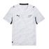 A white Puma short-sleeve soccer jersey featuring an all-over light grey abstract swirling pattern. It displays a black Puma logo on the right chest, a silver fern emblem on the left, and black accents on the collar and sleeve panels.