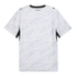 A back view of a white Puma sports jersey featuring a subtle, light gray swirling wave pattern across the entire garment. The shirt has a black crew neckline, black Puma logos on each shoulder, and the word "AOTEAROA" printed in black on the upper back.