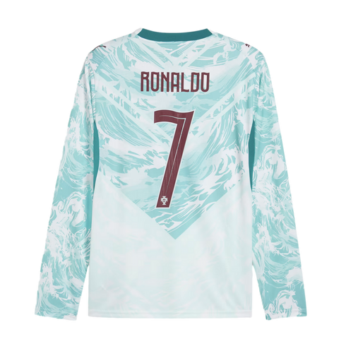 The back of a long-sleeved soccer jersey featuring a light teal and white marble pattern on the upper half and sleeves, and solid white on the lower half. The name "RONALDO" and the number "7" are printed in maroon on the back. A small national team crest
