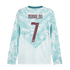 The back of a long-sleeved soccer jersey featuring a light teal and white marble pattern on the upper half and sleeves, and solid white on the lower half. The name "RONALDO" and the number "7" are printed in maroon on the back. A small national team crest