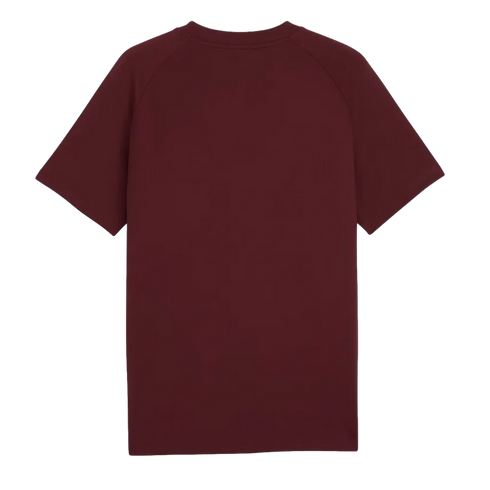 A back view of a maroon, short-sleeved raglan t-shirt against a black background.