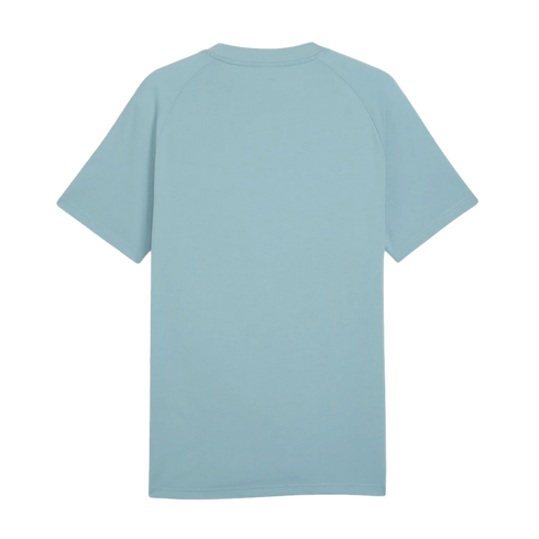 A back view of a light blue crew-neck t-shirt with raglan sleeves, isolated on a solid black background.
