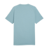A back view of a light blue crew-neck t-shirt with raglan sleeves, isolated on a solid black background.