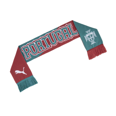 A red and teal sports scarf featuring "PORTUGAL" in large block letters across the center. One end displays a white Puma logo on a red background with teal fringe, while the other shows a white Portuguese national football team crest on a teal background