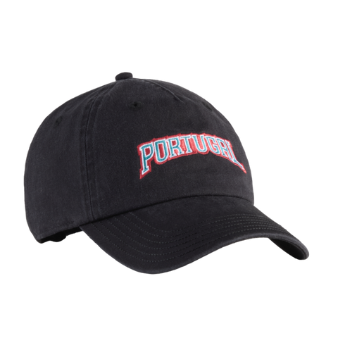 A black, washed-cotton baseball cap with "PORTUGAL" embroidered in an arch across the front. The letters are light blue with a red outline.