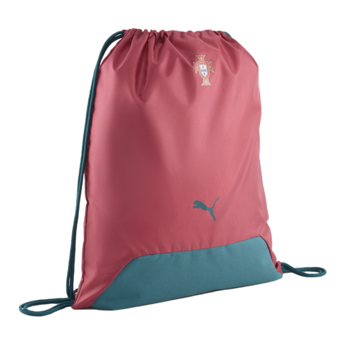 A reddish-pink and teal drawstring gym bag shown against a black background. The bag features a teal base and drawstrings, with the Portugal national football team crest printed at the top center and a teal Puma logo on the lower right.