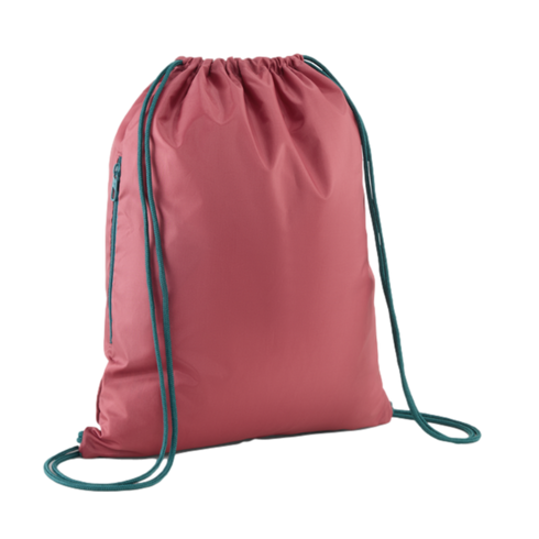 A dusty rose drawstring bag with dark teal straps and a vertical side zipper, set against a solid black background.