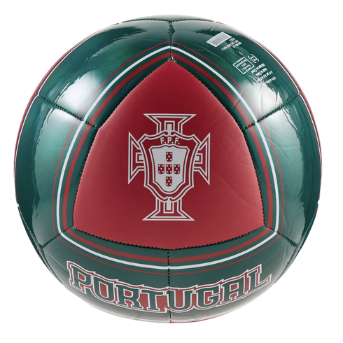 A glossy soccer ball featuring the colors and logo of the Portuguese national football team. The ball is primarily dark green with a prominent red triangular panel in the center. This panel features the white logo of the Portuguese Football Federation (FP