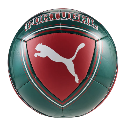 A green and red soccer ball featuring "PORTUGAL" text at the top and a white Puma logo on a central red triangular panel, set against a black background.