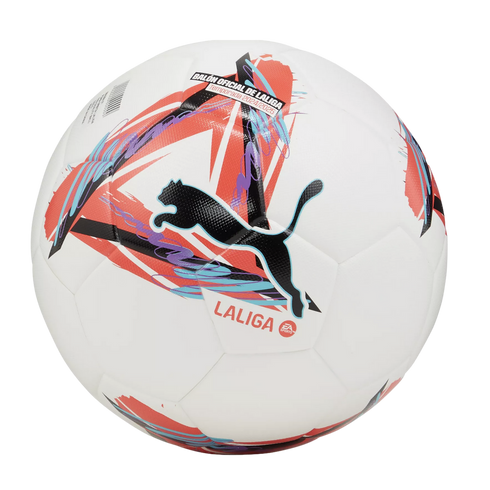 A white Puma LaLiga official match ball for the 2024/2025 season, featuring a large black Puma logo and vibrant red, purple, and blue geometric graphics.