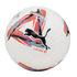 A white Puma LaLiga official match ball for the 2024/2025 season, featuring a large black Puma logo and vibrant red, purple, and blue geometric graphics.