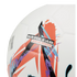 A close-up of a white soccer ball with vibrant orange-red, black, purple, and blue graphics. Text on its surface reads "BALÓN OFICIAL DE LALIGA" and "Temporada 2024/2025."